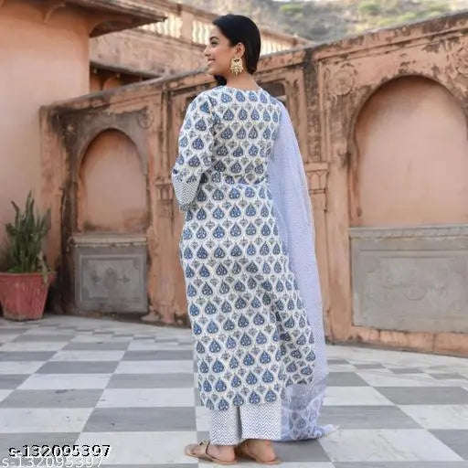 Hand-block printed viscose Kurta set with dupatta and pants on model, Indian women's fashion featuring three-quarter sleeves and vibrant prints