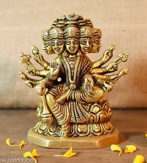 Brass Hindu Goddess Statue - Gayatri Ma Idol for Puja Mandir Temple, intricately detailed, 9cm x 11.5cm x 5cm, 1.1KG