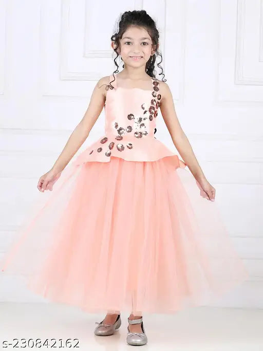 Peach net sleeveless girls party wear gown dress, embellished for kids' celebrations, single size from 1-2 to 3-4 years