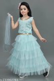 Sea blue net and chanderi silk choli lehenga with ruffle stitch, sleeveless and embroidered. Perfect for 5-6 year old girls. Made in India