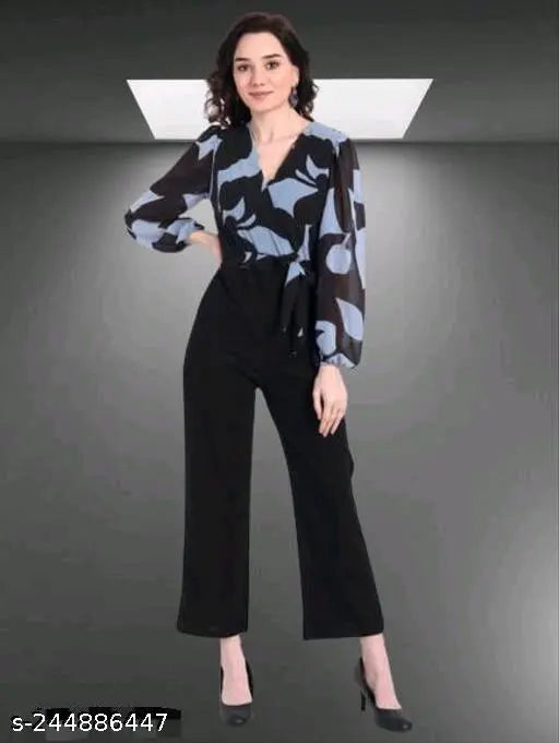 Georgette Net floral print jumpsuit with belt, Indian-made digital print women's long neck outfit