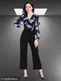 Georgette Net floral print jumpsuit with belt, Indian-made digital print women's long neck outfit