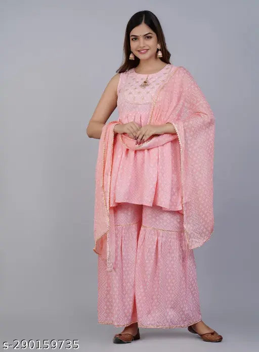 Pink Sharara printed dress, featuring a full skirt and short sleeves