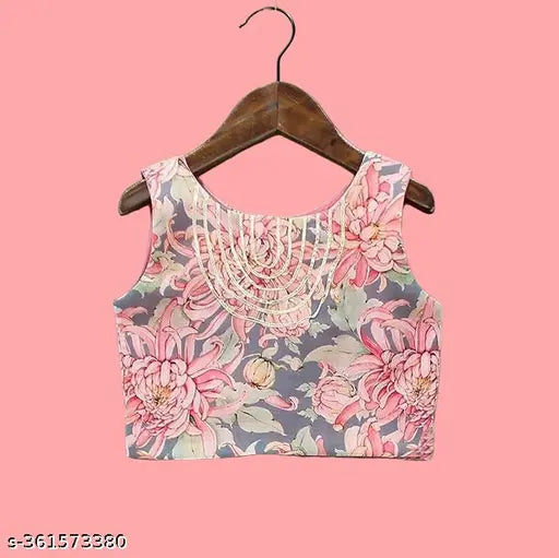 Polyester print-styled girl's lehenga choli with floral patterns, sleeveless and stitched net, Indian traditional wear for young girls