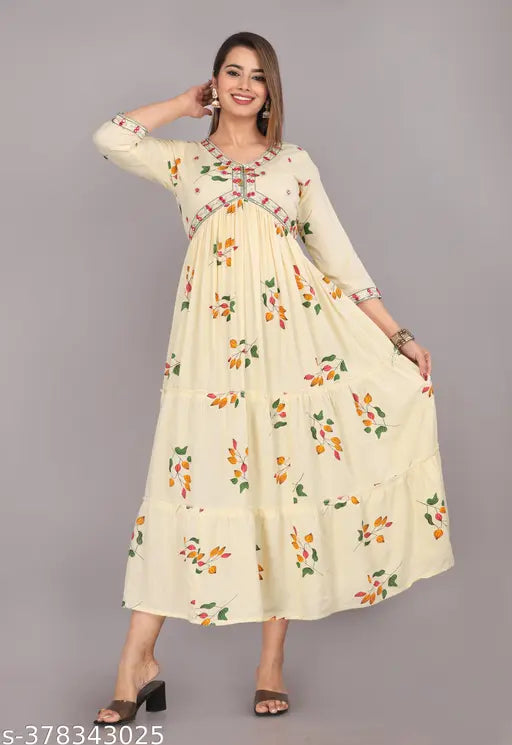 Anarkali printed rayon kurtas for women and girls, three-quarter sleeves, vibrant Indian design