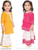 New Rayon Girls Kurta Combo Pack of 2 - Embroidered A-line kurta sets with palazzos & skirts for parties, weddings, or any occasion. Available in sizes from 0-3 Months to 2-3 Years. Made in India