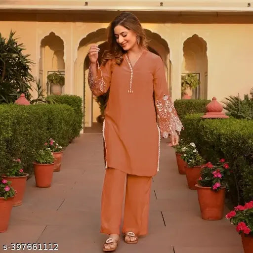 Rayon embroidered kurta set with lace, featuring long sleeves, viscose rayon fabric, available in various sizes (S-XXXL), perfect for festive, daily, and casual wear