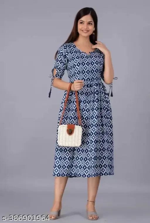 Blue and white geometric print midi dress