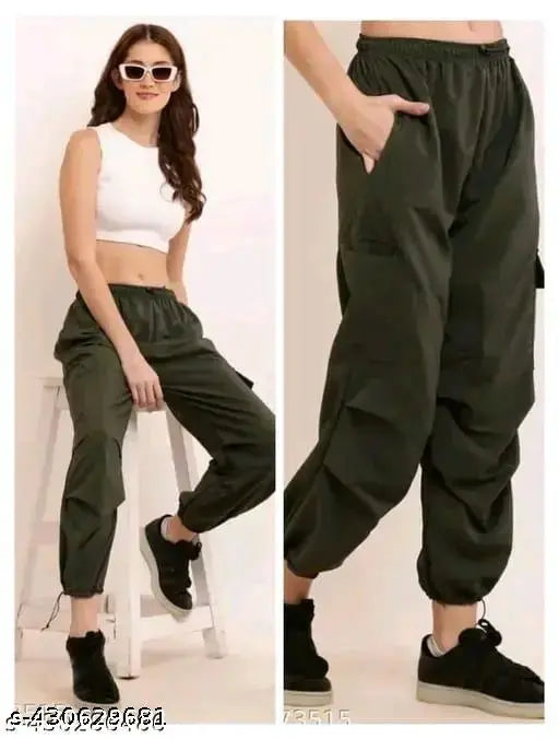 Black stretch fabric cargo pants with wide legs