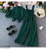 Sleeveless solid crepe jumpsuit with shrug, DGee women's colorful partywear for casual events. Indian origin, slight color variation possible