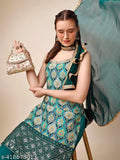 Ethnic print sequined kurta with sharara dupatta, long sleeves, knee length
