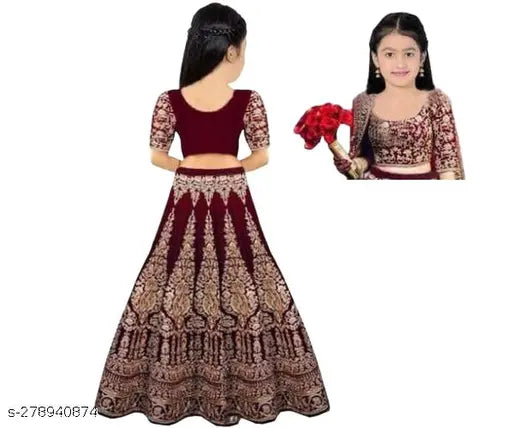 Embroidered velvet lehenga and net dupatta kids choli for traditional Indian wear, perfect for functions, festivals, parties, or weddings. Unstitched for personal tailoring." (124 characters)