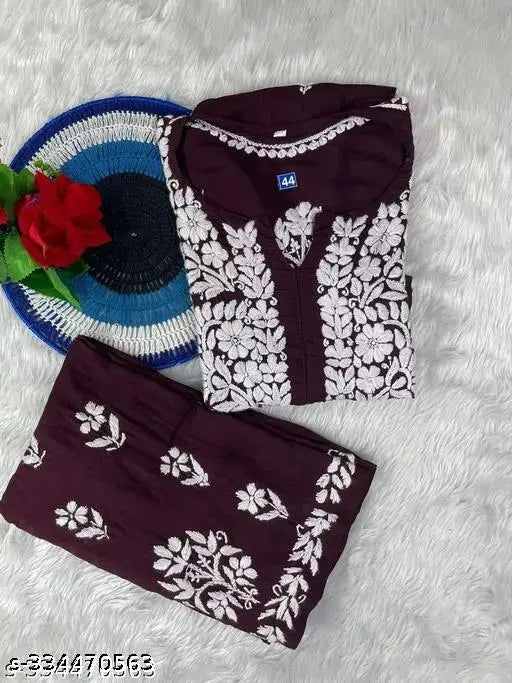 Embroidered festive wear chikankari kurta with plazzo, rayon fabric, three-quarter sleeves