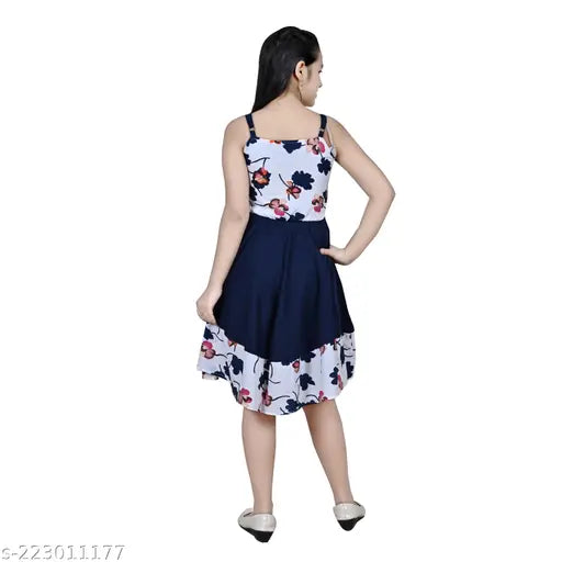 Floral print, knee-length, blue dress with ruffled hem