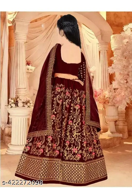 Velvet maroon lehenga-choli set, embellished net dupatta for semi-stitched festive wear, India origin