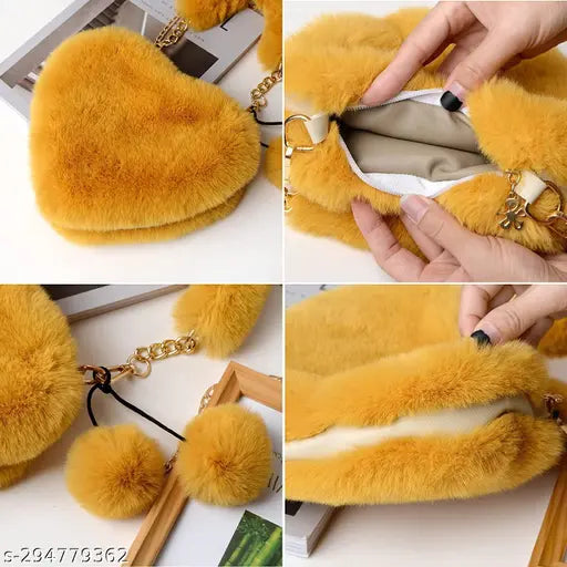 Heart-shaped crossbody purse, plush fluffy material, gold chain strap, for women