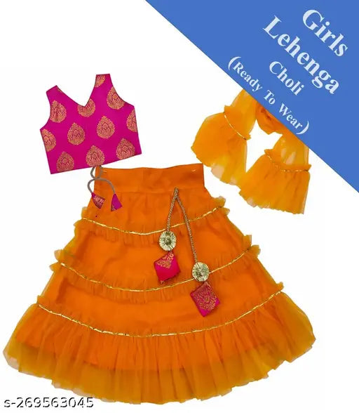 Taffeta silk and net lehenga-choli set for kids, featuring zari woven and ruffle stitch patterns. Sizes: 12-18 months, 18-24 months, 1-2 years, 2-3 years, 6-7 years, 7-8 years. Made in India, perfect for traditional occasions