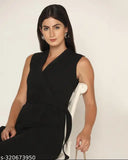 Raven black stretchable jumpsuit with deep Y-shape collar, durable & comfortable, full length design from Zenday Casual