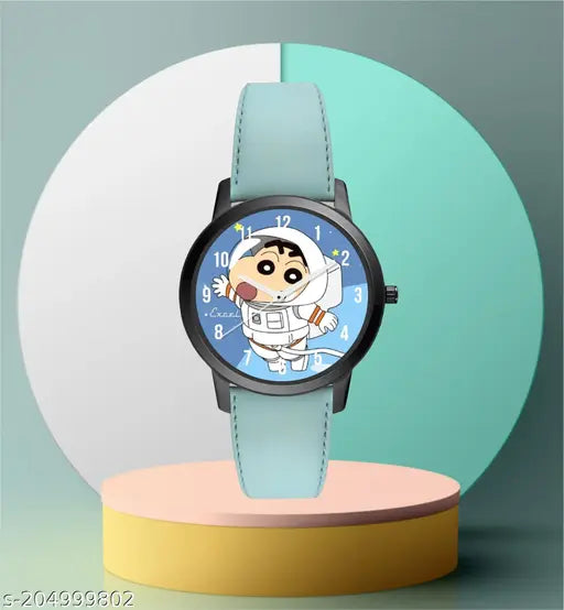 Excel Premium Unisex Wrist Watch, Shinchan Sky Blue Strap, Round Black Case with Blue Face, White Numbers