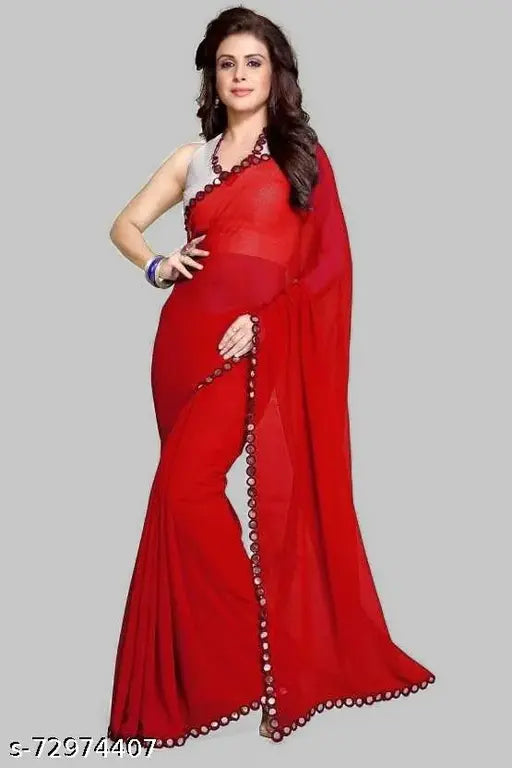 Red georgette saree with a mirror border, sleeveless blouse