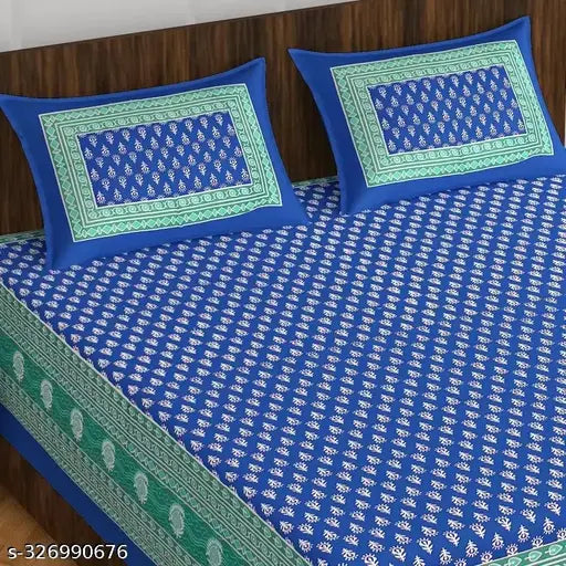 Designer Jaipuri-printed cotton bedsheet with 2 pillow covers, superfine quality for summer. Indian ethnic motifs on double queen size