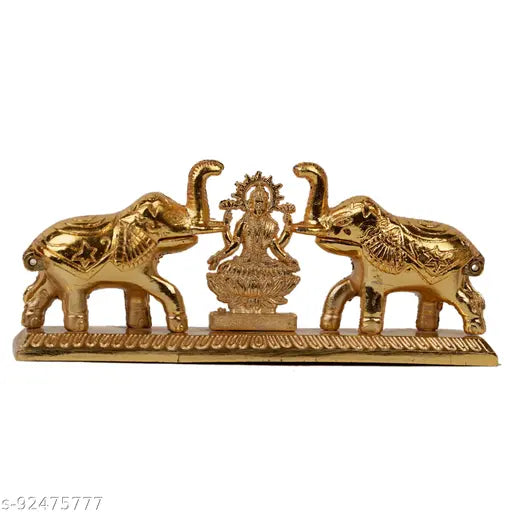 Metal golden double elephant Laxmi Maa Roli chawal holder decorative showpiece - traditional Indian religious idol, 16cm x 7cm x 3.5cm, gold-plated antique finish