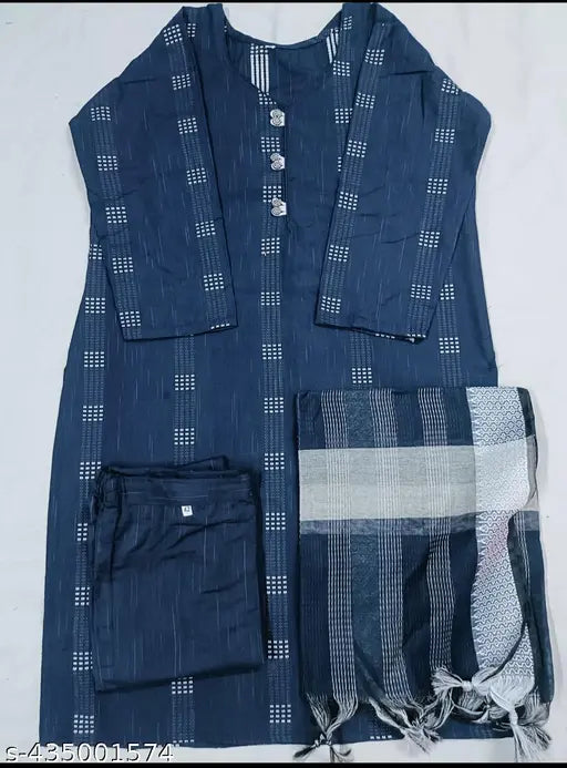 Navy blue cotton traditional Indian kurta and pants, featuring intricate hand-embroidery design on front panel, paired with light blue striped dupatta