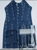 Navy blue cotton traditional Indian kurta and pants, featuring intricate hand-embroidery design on front panel, paired with light blue striped dupatta