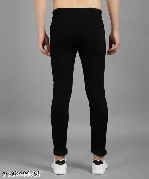 Men's black denim knee-cut jeans with ripped pattern. VYESH men's casual trousers, size 28/30/32. High-quality denim from India