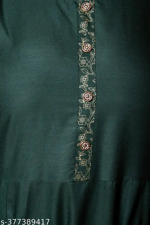 Deep Green Rayon Anarkali Kurta with Intricate Embroidery and Vibrant Prints, perfect blend of style and comfort for women's ethnic wardrobe
