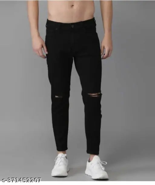 Designer latest black denim men's slim fit knee cut jeans, size 28/30/32/34/36 or larger sizes with extended length and hip measurements, made in India