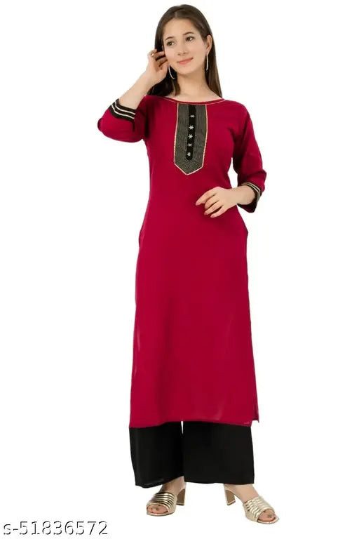 Royal maroon Aagyeyi Drishya women's cotton kurta set with palazzos, three-quarter sleeves, solid design, size S-XL. Indian traditional wear on display