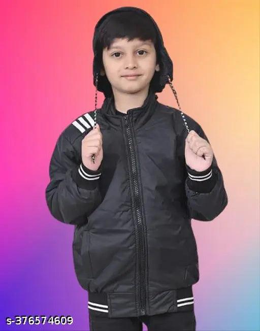 Black jacket with hood, white stripes on cuffs and pockets, for winter, suitable for boys