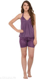 Solid purple satin women's spaghetti top & shorts set, trendy robe for fashion-forward individuals