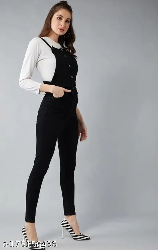 Comfy fit denim dungaree for women, solid net, adjustable shoulder straps, metallic button closures, India origin