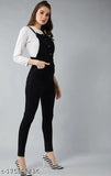 Comfy fit denim dungaree for women, solid net, adjustable shoulder straps, metallic button closures, India origin