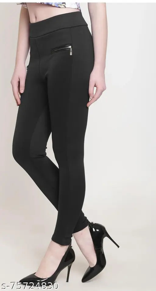 Black Lycra jeggings for women & girls, stylish and comfortable gym/casual wear. Archangel zip style in beautiful black, size 28, 30, 32, or 34 (hip sizes vary). Made in India