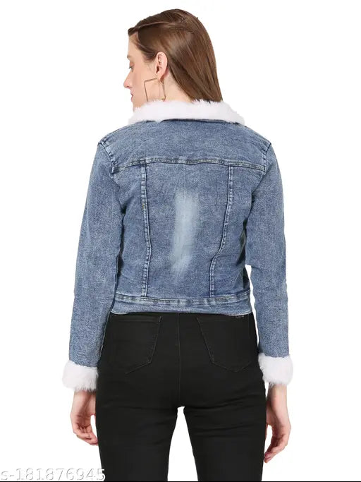 Blue denim fur full-sleeve jacket by SUBH, India. Solid blue, three-quarter sleeve, polo neck design