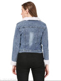 Blue denim fur full-sleeve jacket by SUBH, India. Solid blue, three-quarter sleeve, polo neck design