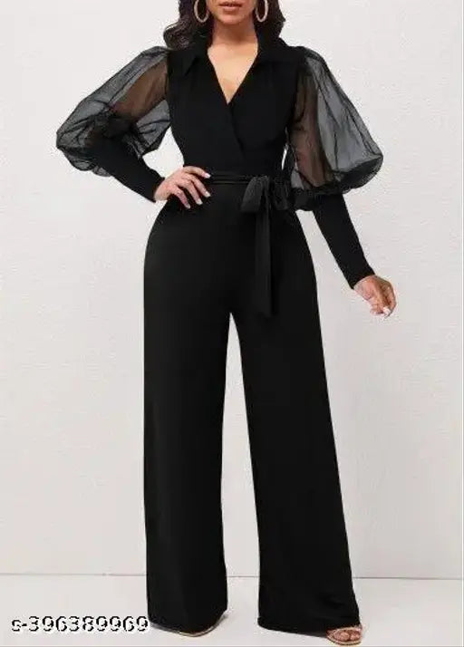 Black lycra balloons sleeve jumpsuit for women, solid pattern, extend wardrobe collection