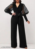 Black lycra balloons sleeve jumpsuit for women, solid pattern, extend wardrobe collection