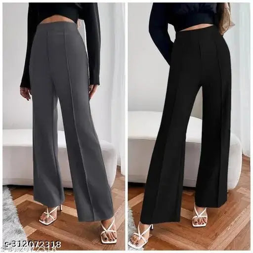 Black stretchy fabric women's high-waisted slim-fit wide-leg trousers