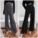 Black stretchy fabric women's high-waisted slim-fit wide-leg trousers