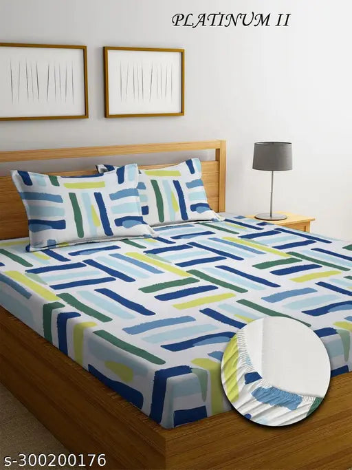 Blue striped elastic cotton king bedsheet set with pillow covers (78x7210), geometric pattern, 4 pillow covers (28x18)