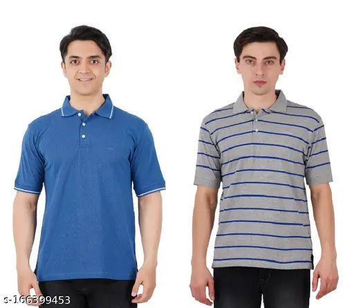 Blue striped cotton blend men's polo t-shirts pack, short sleeves, XL size (22in chest, 29in length)