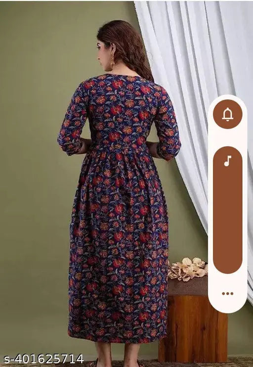 Blue maternity kurti: Long-sleeved, floral print cotton kurti with feeding neck.