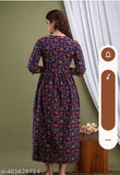 Blue maternity kurti: Long-sleeved, floral print cotton kurti with feeding neck.