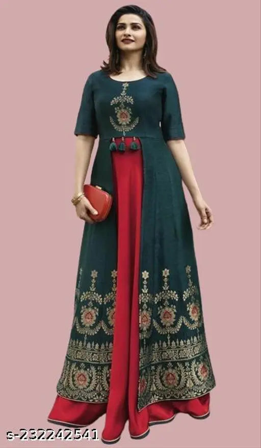 Red and green printed anarkali gown by PRV Prachi Desai, embroidered rayon with short sleeves, Indian clothing on hanger