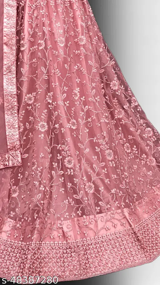 Designer pink net lehenga with embroidery work, unstitched blouse piece, and matching dupatta - ideal for parties or festivals