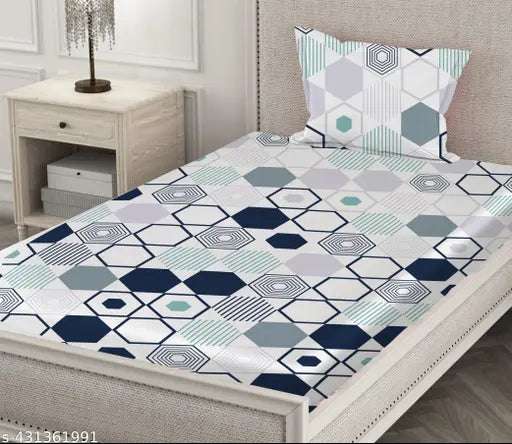 Single size elastic fitted cotton bedsheet (160 thread count), geometric pattern, adult-sized for summer upgrade